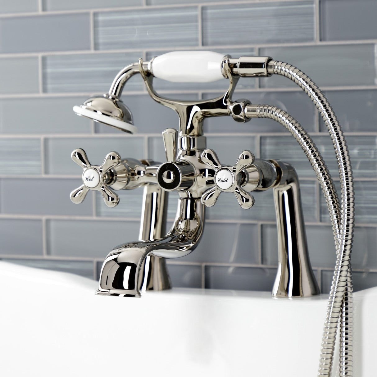 Kingston KS228PN Three-Handle 2-Hole Deck Mount Clawfoot Tub Faucet with Handshower, Polished Nickel