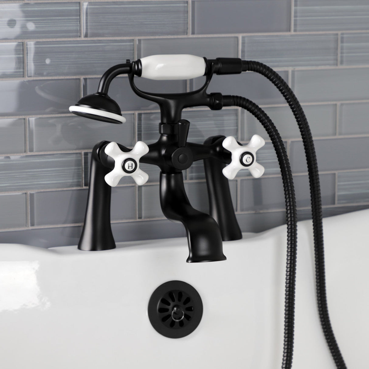 Kingston KS228PXMB Three-Handle 2-Hole Deck Mount Clawfoot Tub Faucet with Hand Shower, Matte Black