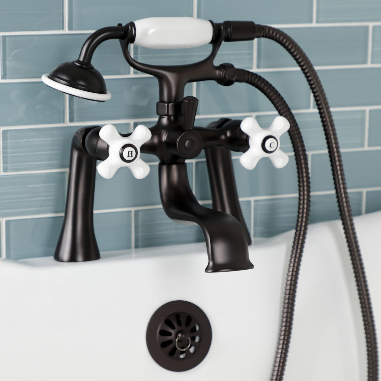 Kingston KS228PXORB Three-Handle 2-Hole Deck Mount Clawfoot Tub Faucet with Hand Shower, Oil Rubbed Bronze