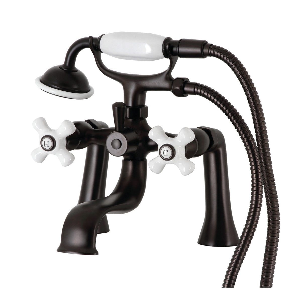 Kingston KS228PXORB Three-Handle 2-Hole Deck Mount Clawfoot Tub Faucet with Hand Shower, Oil Rubbed Bronze
