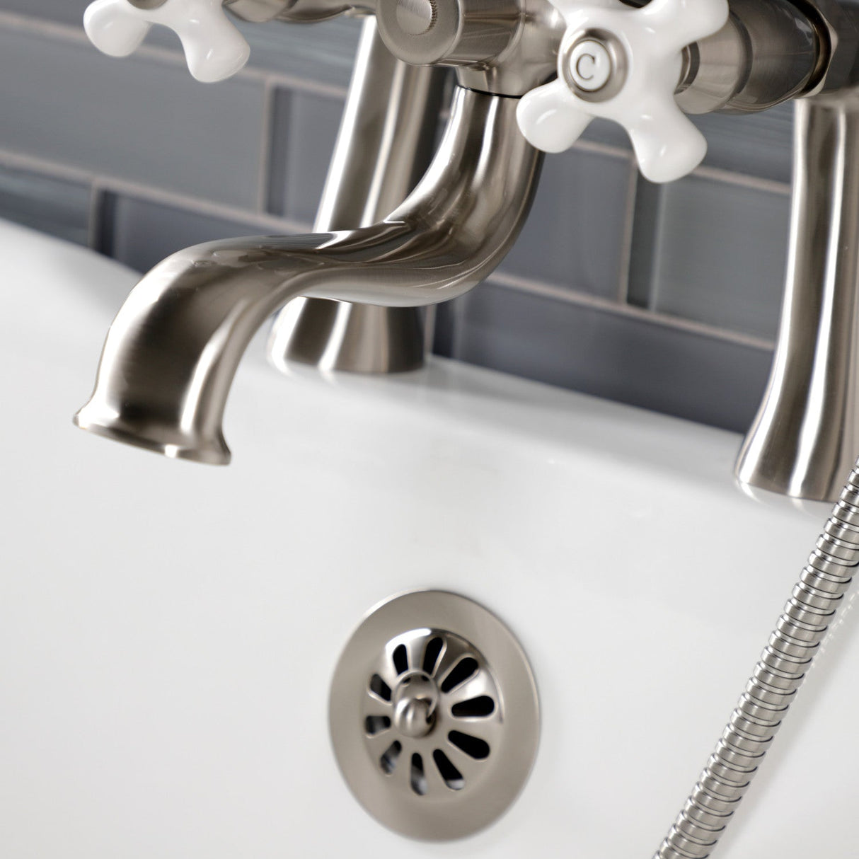 Kingston KS228PXSN Three-Handle 2-Hole Deck Mount Clawfoot Tub Faucet with Hand Shower, Brushed Nickel