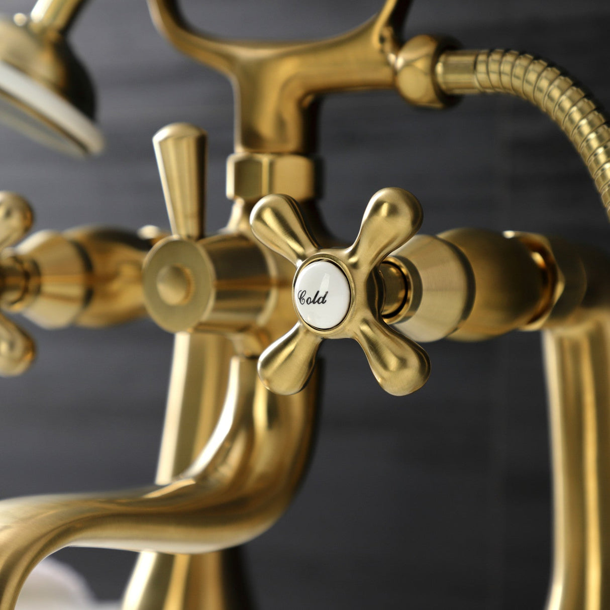 Kingston KS228SB Three-Handle 2-Hole Deck Mount Clawfoot Tub Faucet with Handshower, Brushed Brass