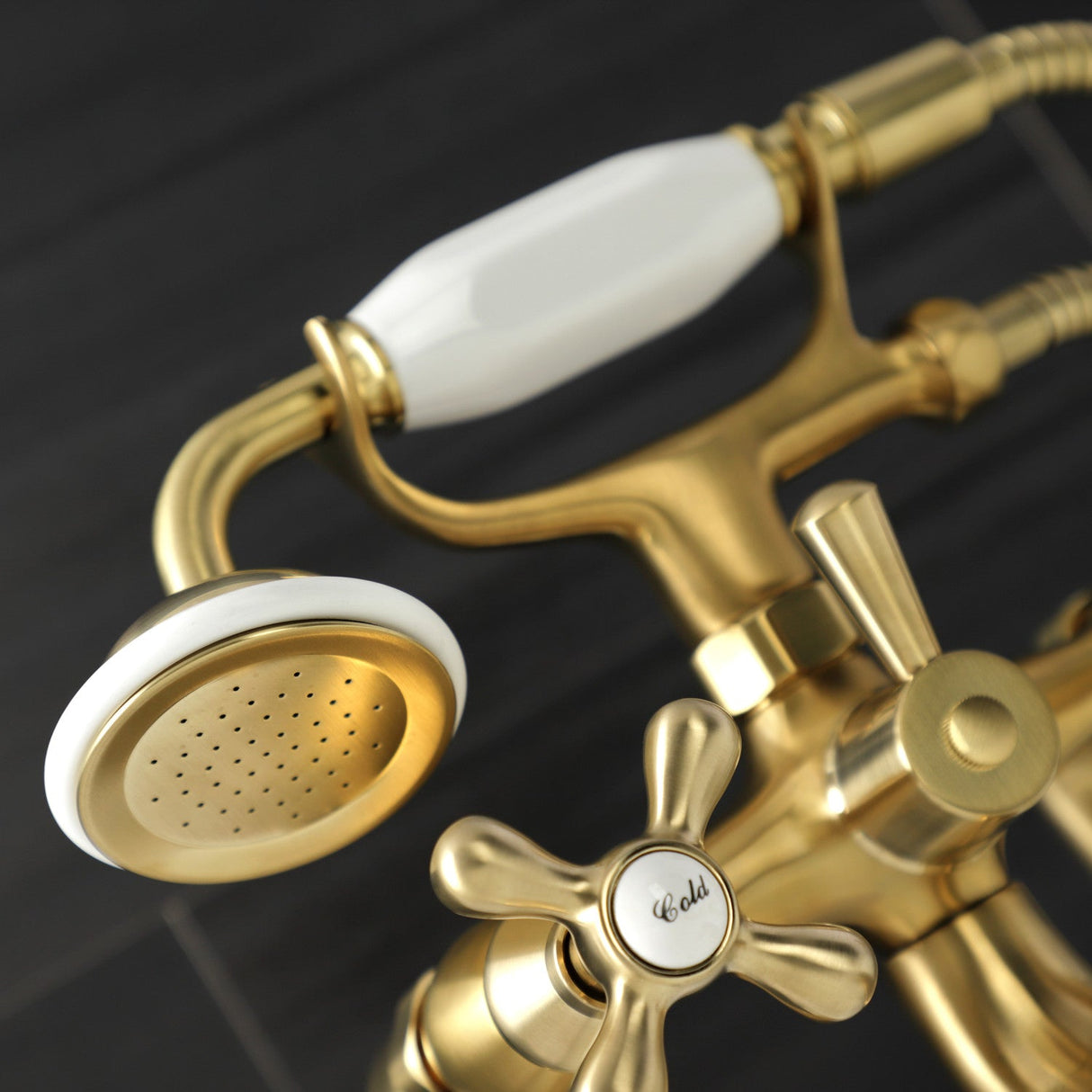 Kingston KS228SB Three-Handle 2-Hole Deck Mount Clawfoot Tub Faucet with Handshower, Brushed Brass