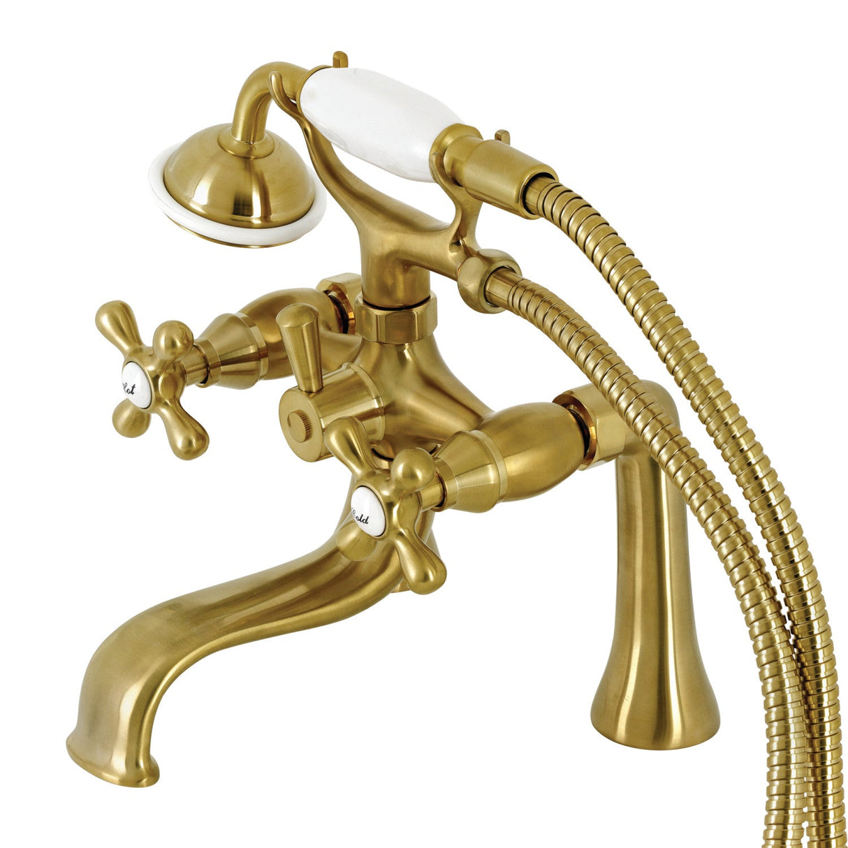 Kingston KS228SB Three-Handle 2-Hole Deck Mount Clawfoot Tub Faucet with Handshower, Brushed Brass