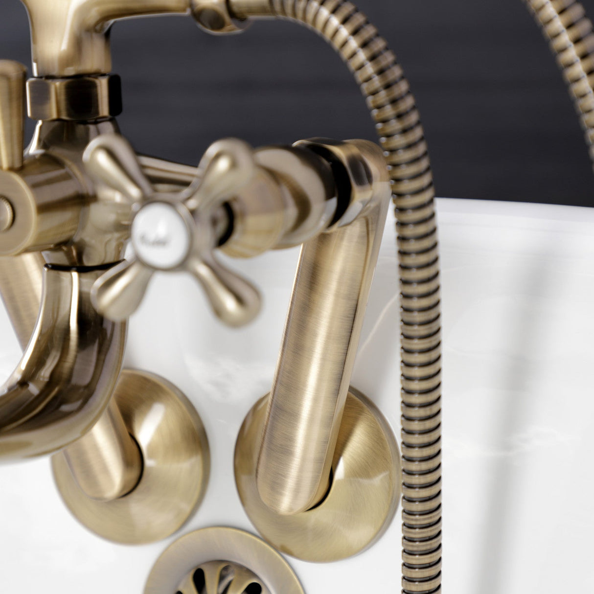 Kingston KS229AB Three-Handle 2-Hole Tub Wall Mount Clawfoot Tub Faucet with Handshower, Antique Brass