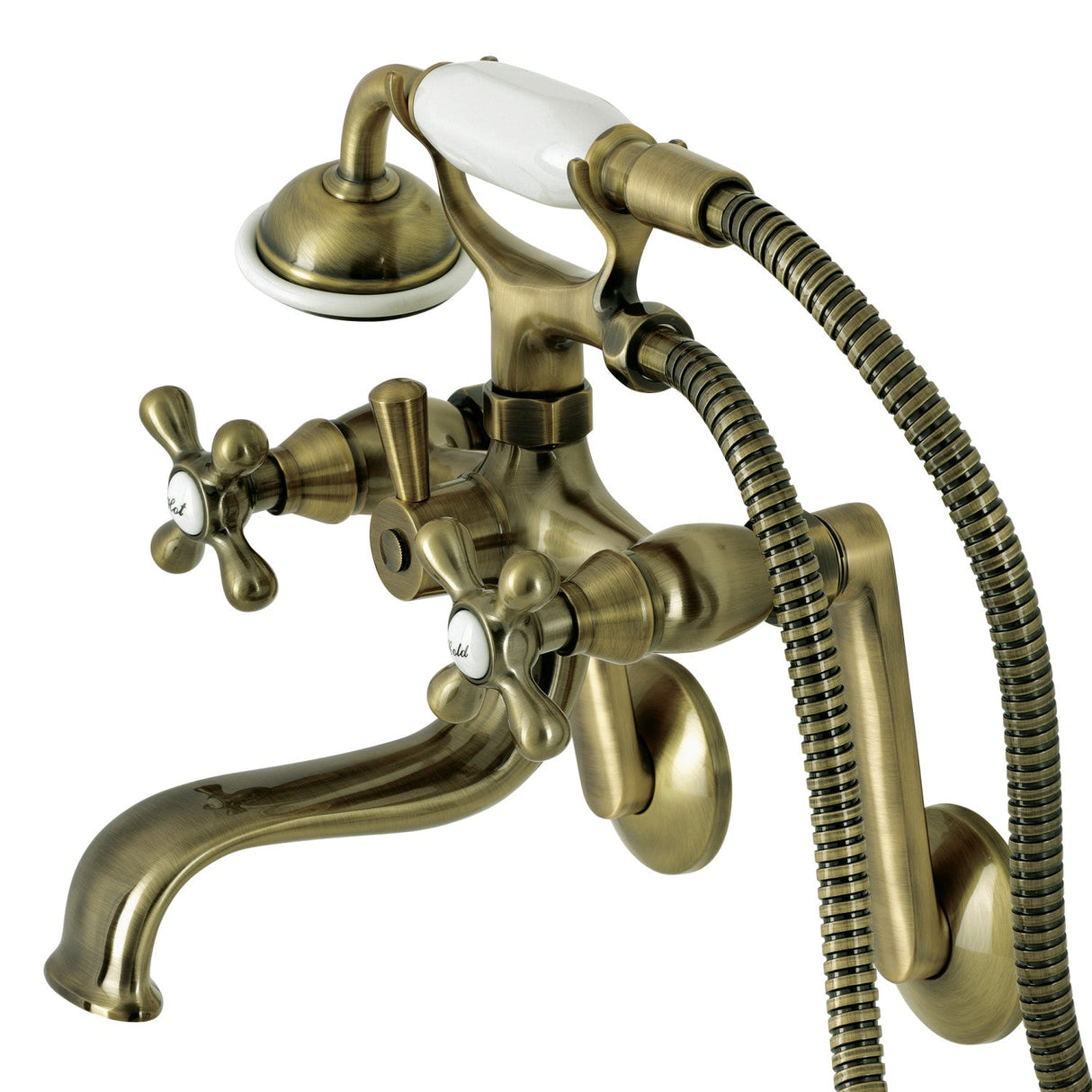 Kingston KS229AB Three-Handle 2-Hole Tub Wall Mount Clawfoot Tub Faucet with Handshower, Antique Brass