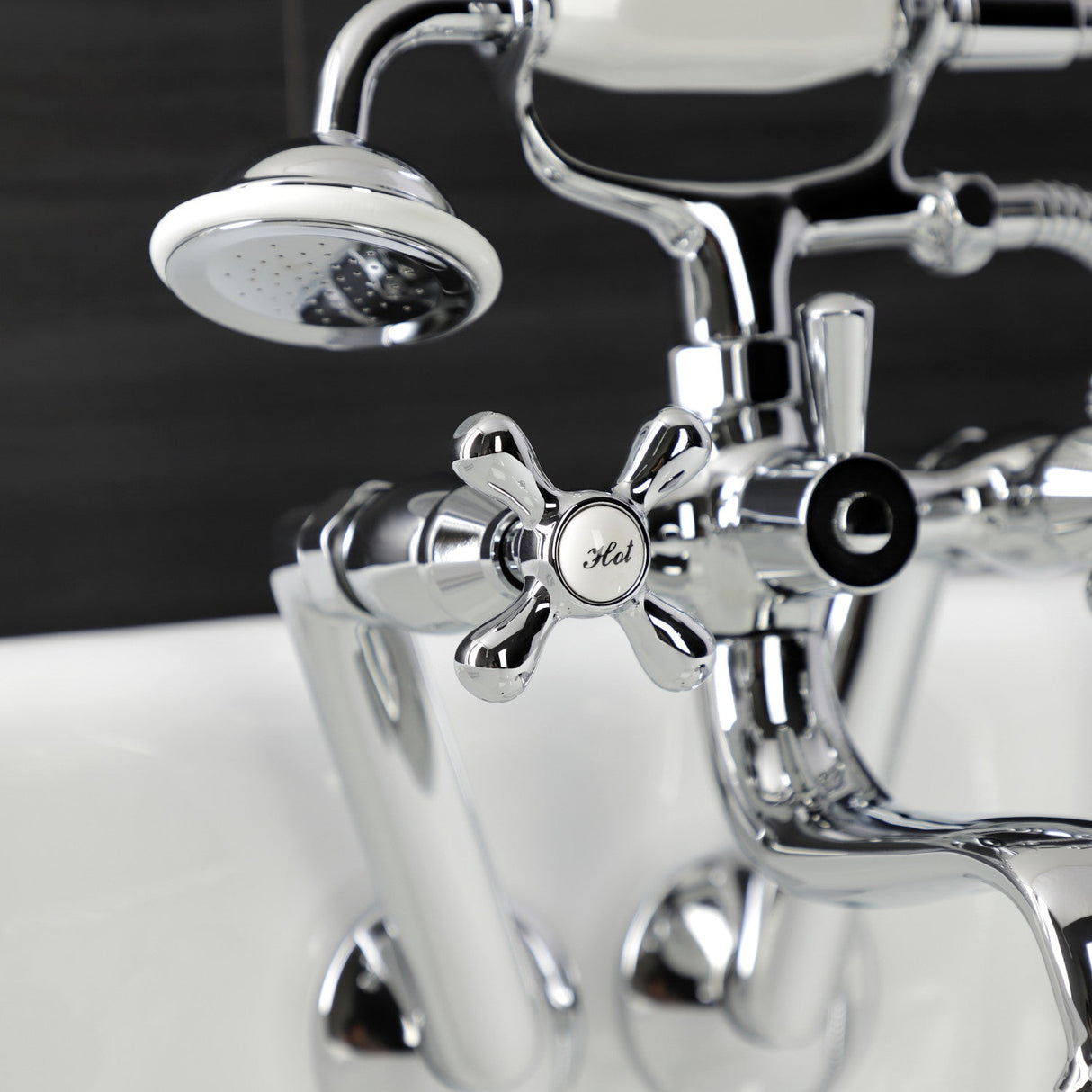 Kingston KS229C Three-Handle 2-Hole Tub Wall Mount Clawfoot Tub Faucet with Handshower, Polished Chrome