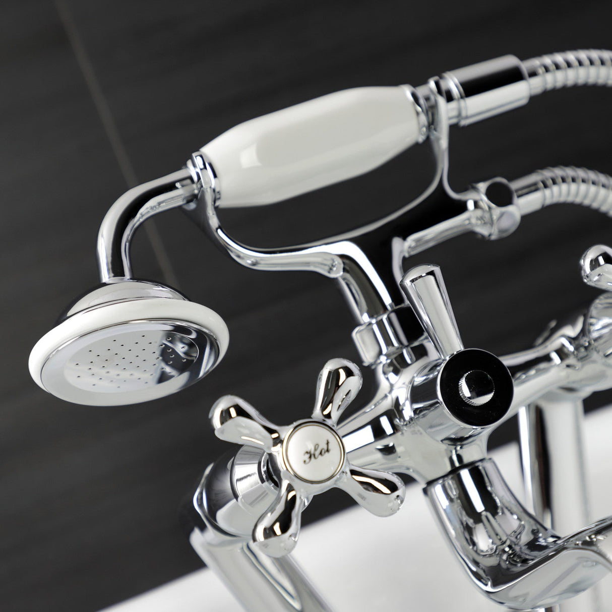 Kingston KS229C Three-Handle 2-Hole Tub Wall Mount Clawfoot Tub Faucet with Handshower, Polished Chrome