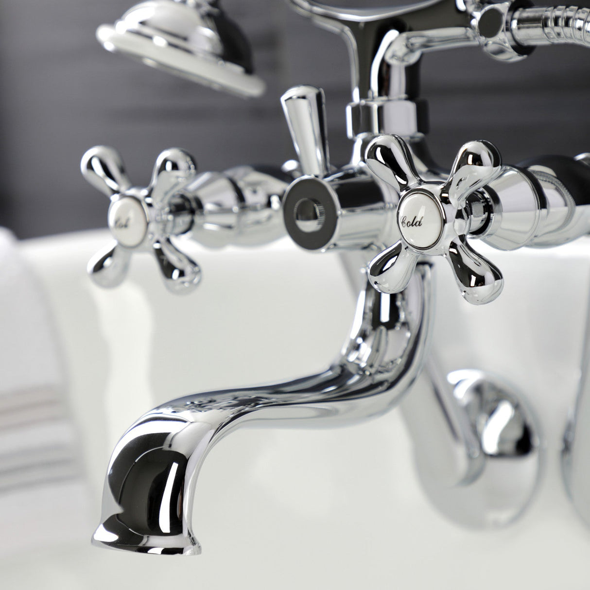 Kingston KS229C Three-Handle 2-Hole Tub Wall Mount Clawfoot Tub Faucet with Handshower, Polished Chrome