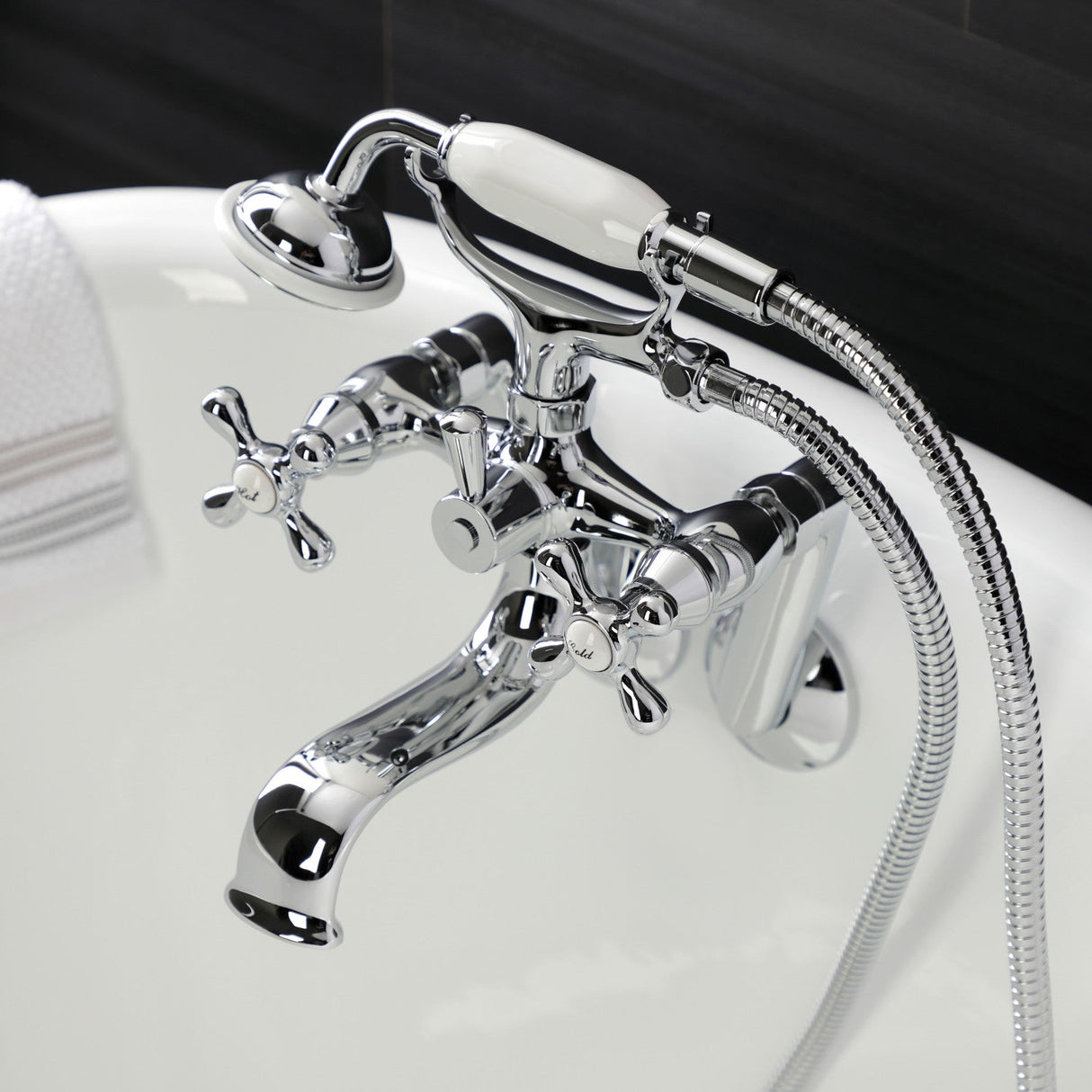 Kingston KS229C Three-Handle 2-Hole Tub Wall Mount Clawfoot Tub Faucet with Handshower, Polished Chrome