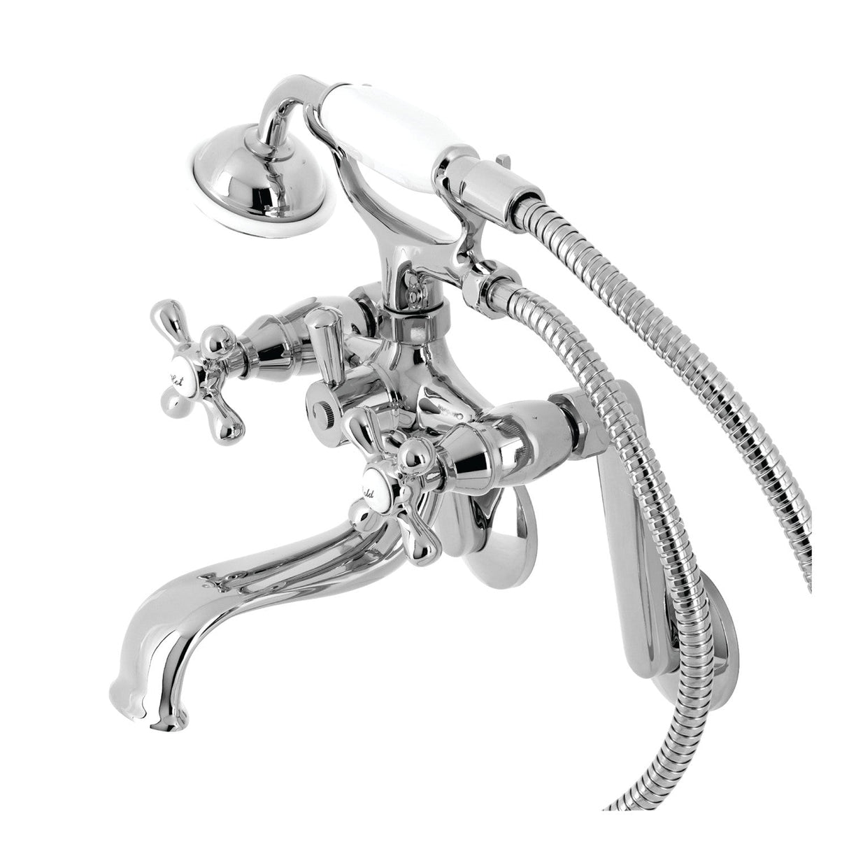 Kingston KS229C Three-Handle 2-Hole Tub Wall Mount Clawfoot Tub Faucet with Handshower, Polished Chrome
