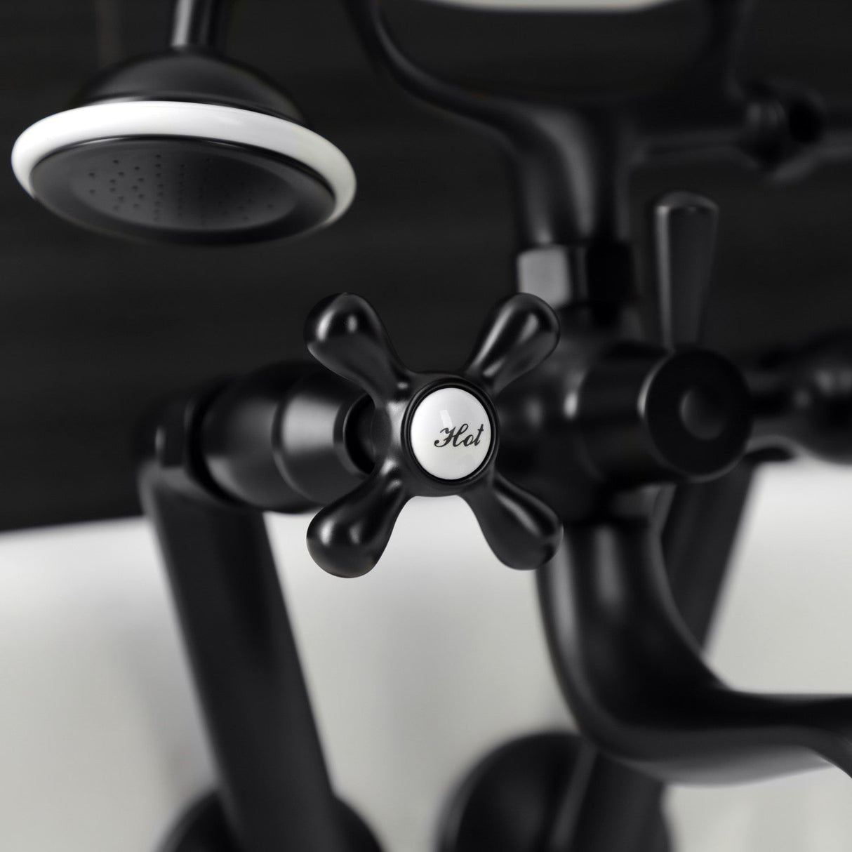 Kingston KS229MB Three-Handle 2-Hole Tub Wall Mount Clawfoot Tub Faucet with Handshower, Matte Black