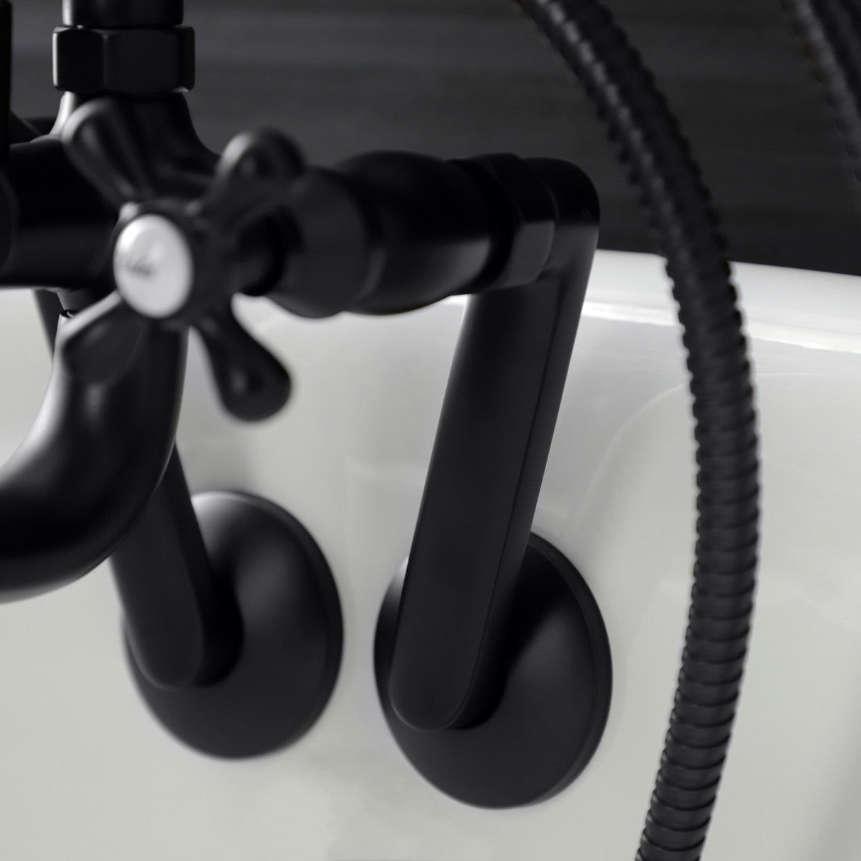 Kingston KS229MB Three-Handle 2-Hole Tub Wall Mount Clawfoot Tub Faucet with Handshower, Matte Black