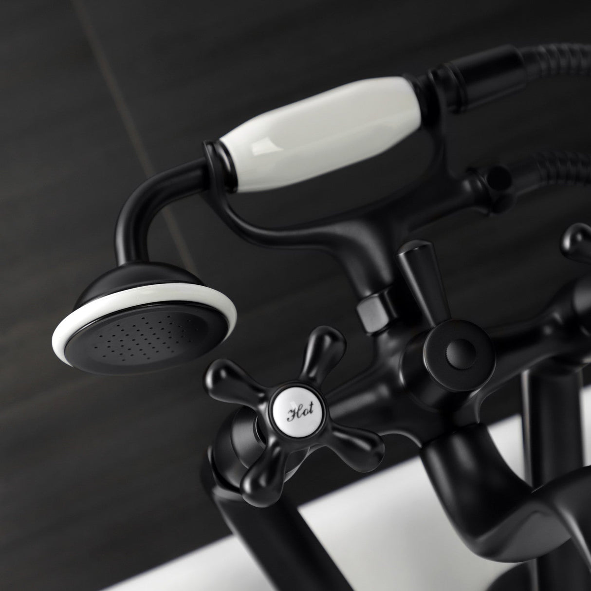 Kingston KS229MB Three-Handle 2-Hole Tub Wall Mount Clawfoot Tub Faucet with Handshower, Matte Black