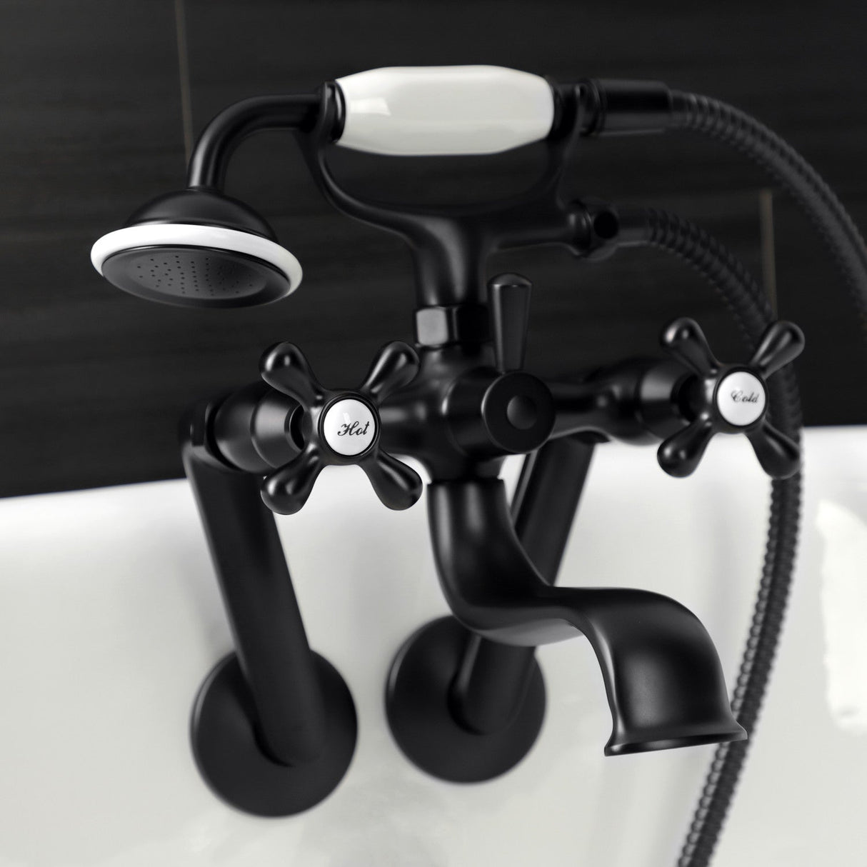 Kingston KS229MB Three-Handle 2-Hole Tub Wall Mount Clawfoot Tub Faucet with Handshower, Matte Black
