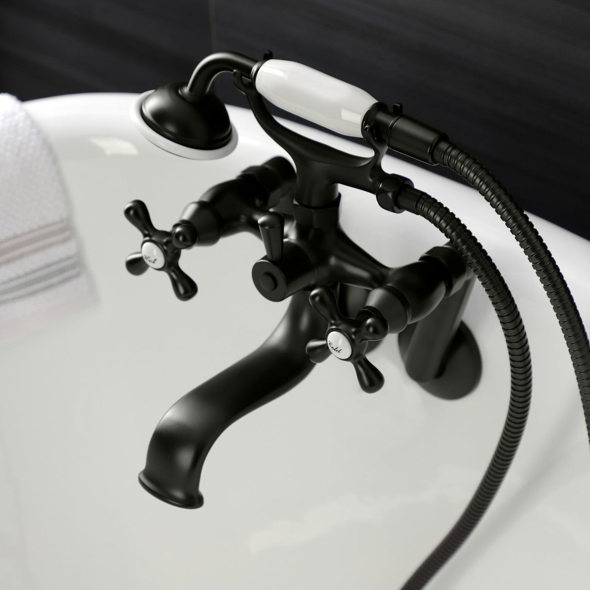 Kingston KS229MB Three-Handle 2-Hole Tub Wall Mount Clawfoot Tub Faucet with Handshower, Matte Black