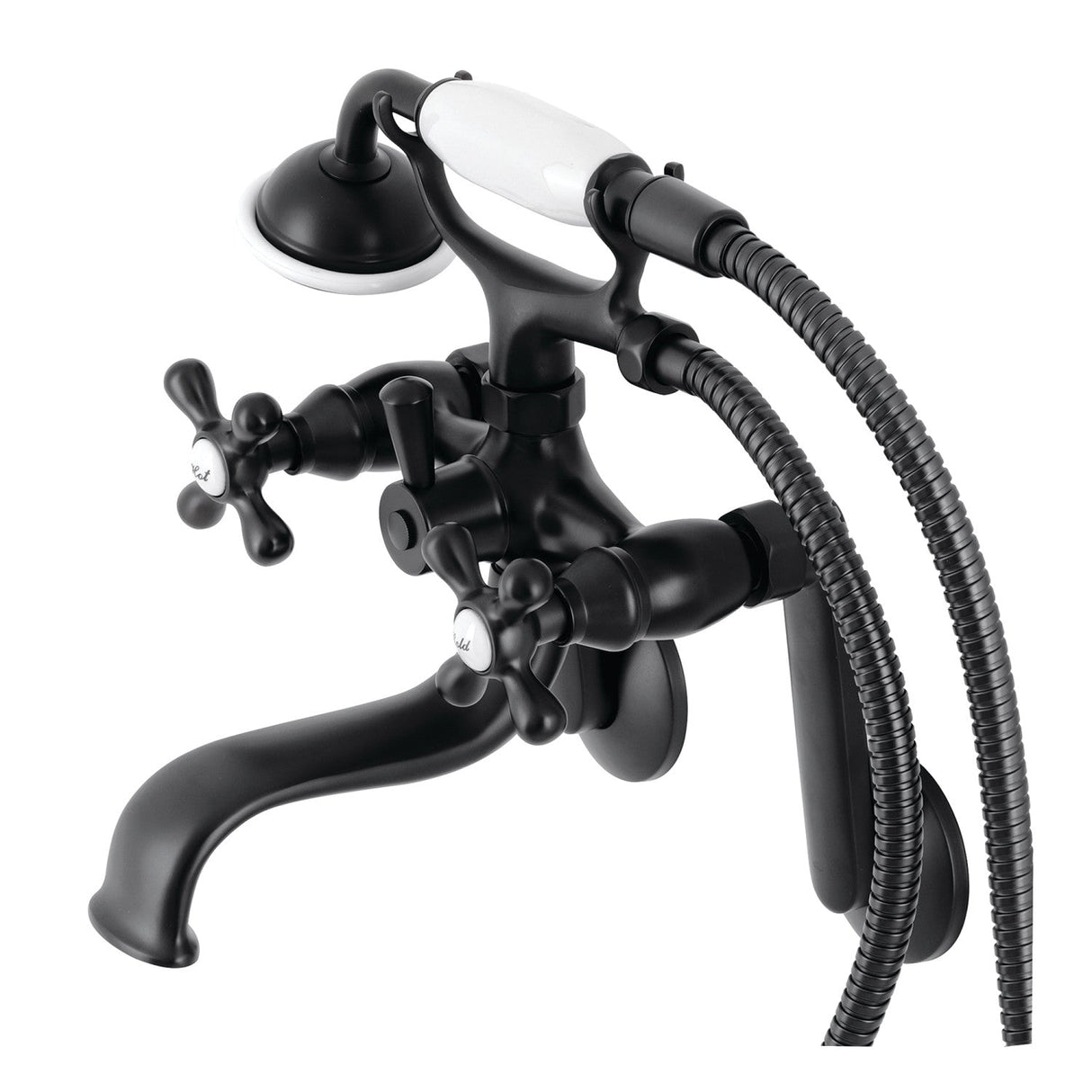 Kingston KS229MB Three-Handle 2-Hole Tub Wall Mount Clawfoot Tub Faucet with Handshower, Matte Black