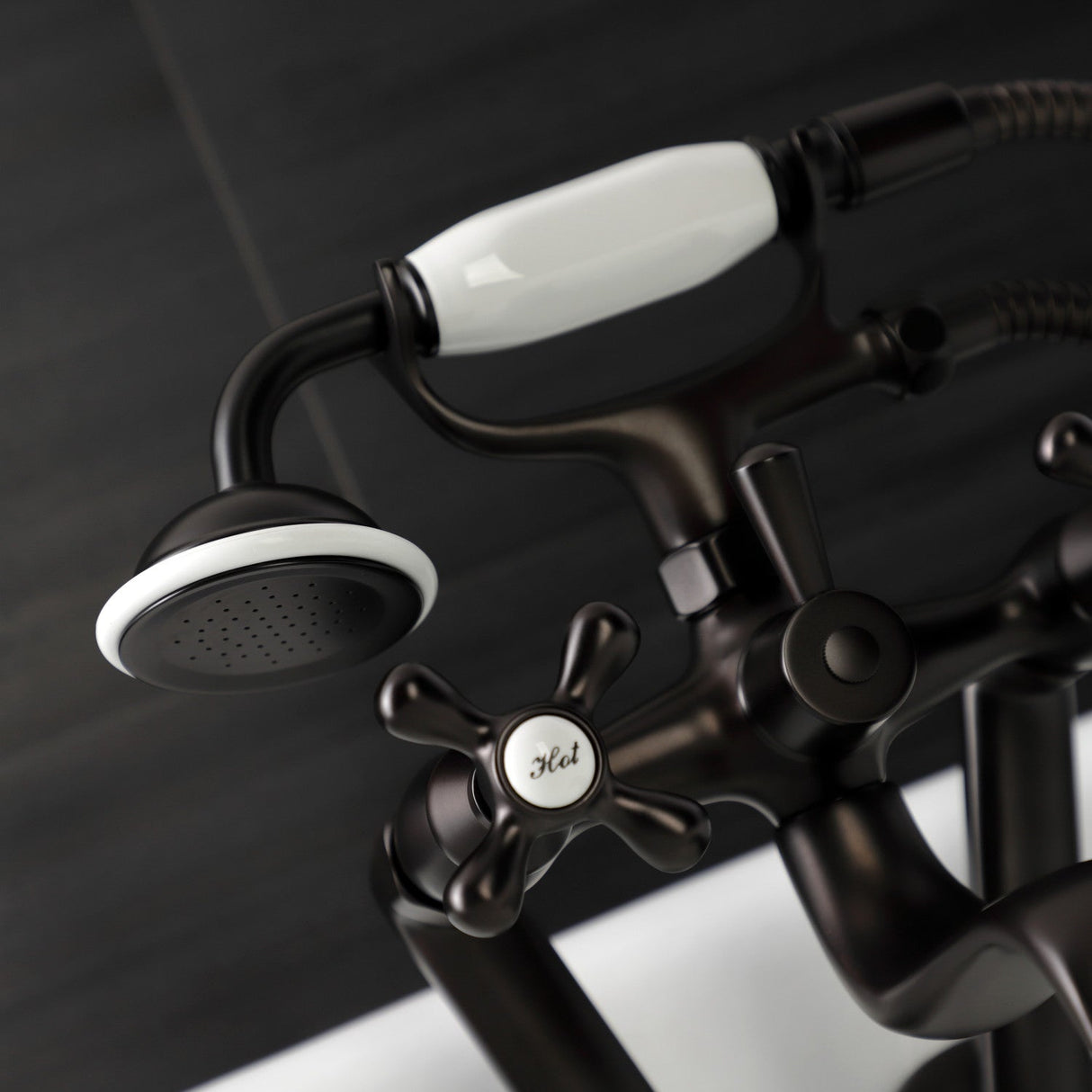 Kingston KS229ORB Three-Handle 2-Hole Tub Wall Mount Clawfoot Tub Faucet with Handshower, Oil Rubbed Bronze