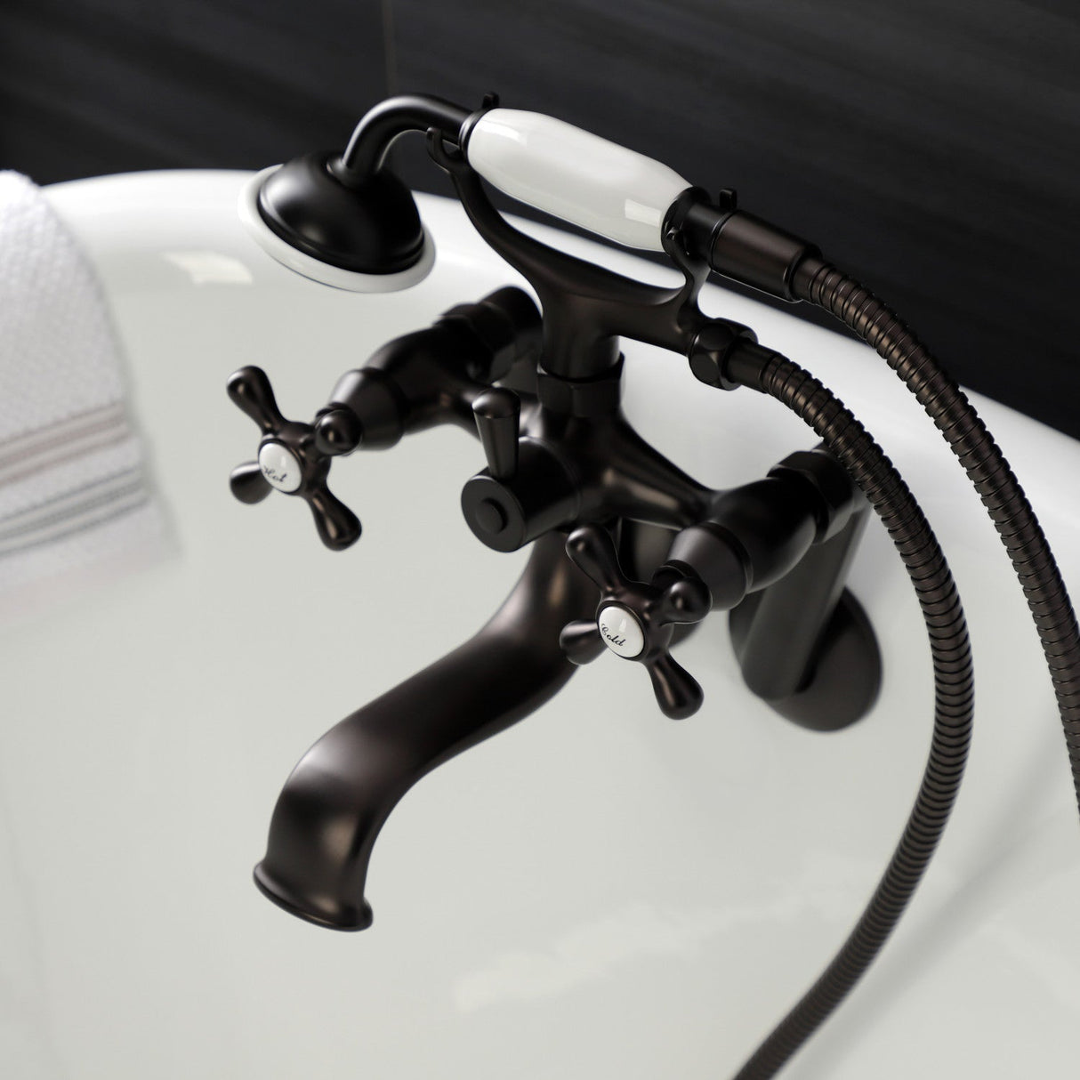 Kingston KS229ORB Three-Handle 2-Hole Tub Wall Mount Clawfoot Tub Faucet with Handshower, Oil Rubbed Bronze