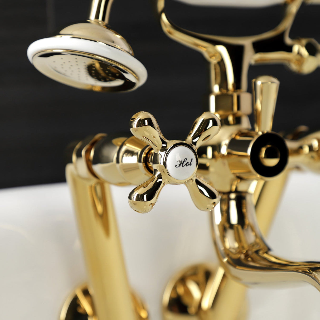 Kingston KS229PB Three-Handle 2-Hole Tub Wall Mount Clawfoot Tub Faucet with Handshower, Polished Brass