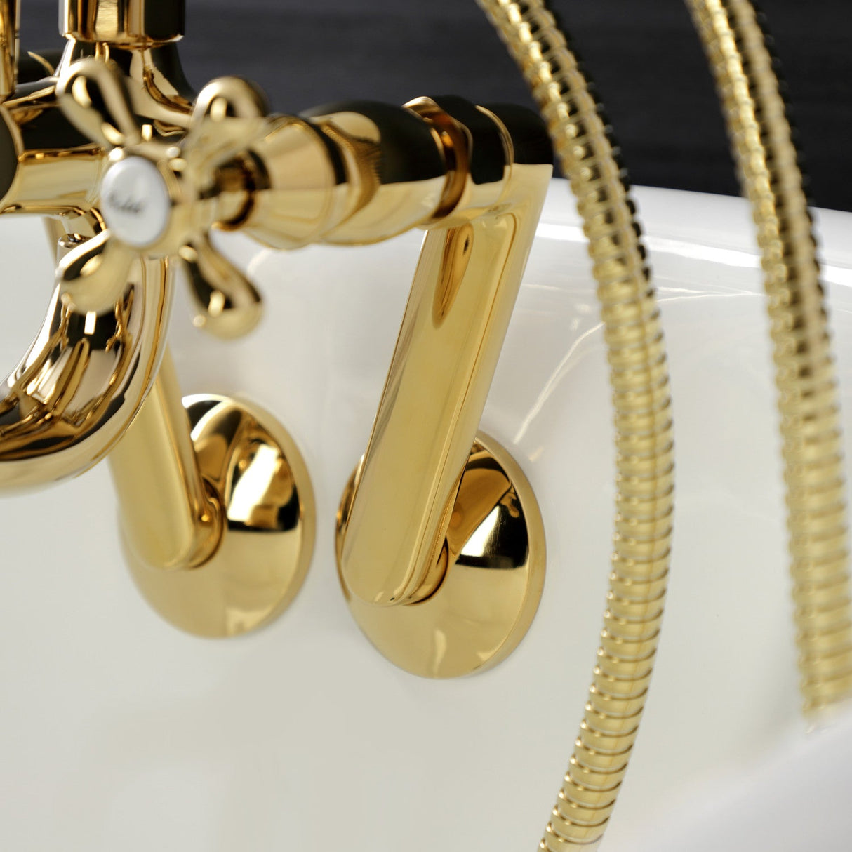 Kingston KS229PB Three-Handle 2-Hole Tub Wall Mount Clawfoot Tub Faucet with Handshower, Polished Brass