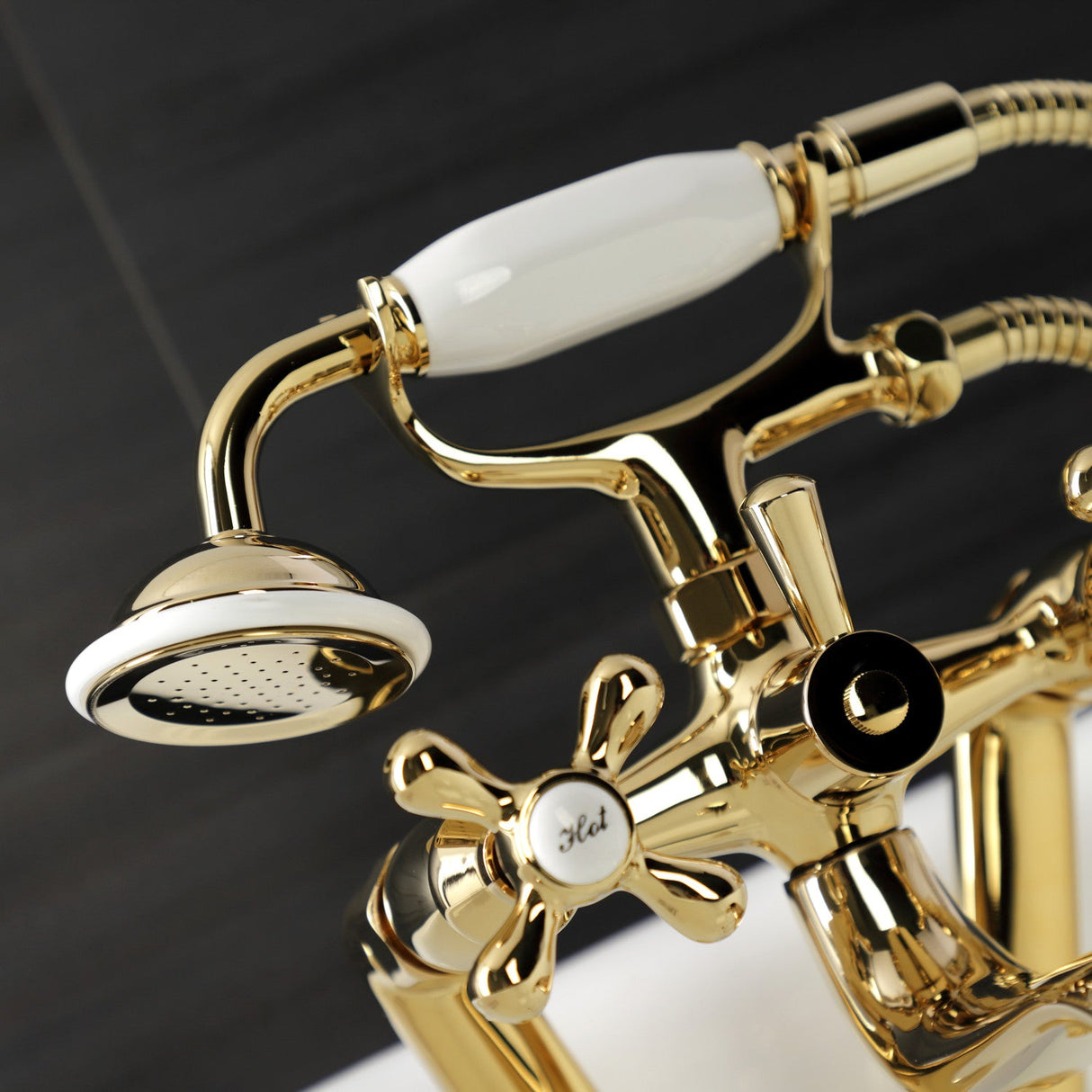 Kingston KS229PB Three-Handle 2-Hole Tub Wall Mount Clawfoot Tub Faucet with Handshower, Polished Brass