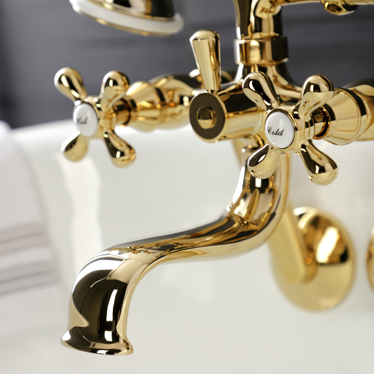Kingston KS229PB Three-Handle 2-Hole Tub Wall Mount Clawfoot Tub Faucet with Handshower, Polished Brass