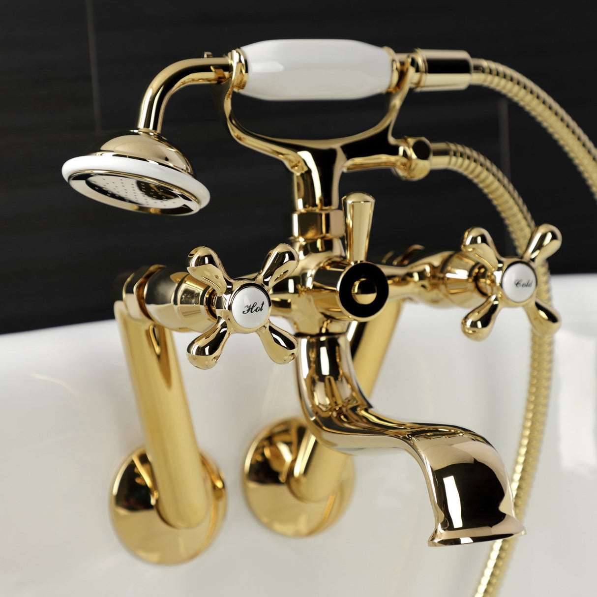 Kingston KS229PB Three-Handle 2-Hole Tub Wall Mount Clawfoot Tub Faucet with Handshower, Polished Brass