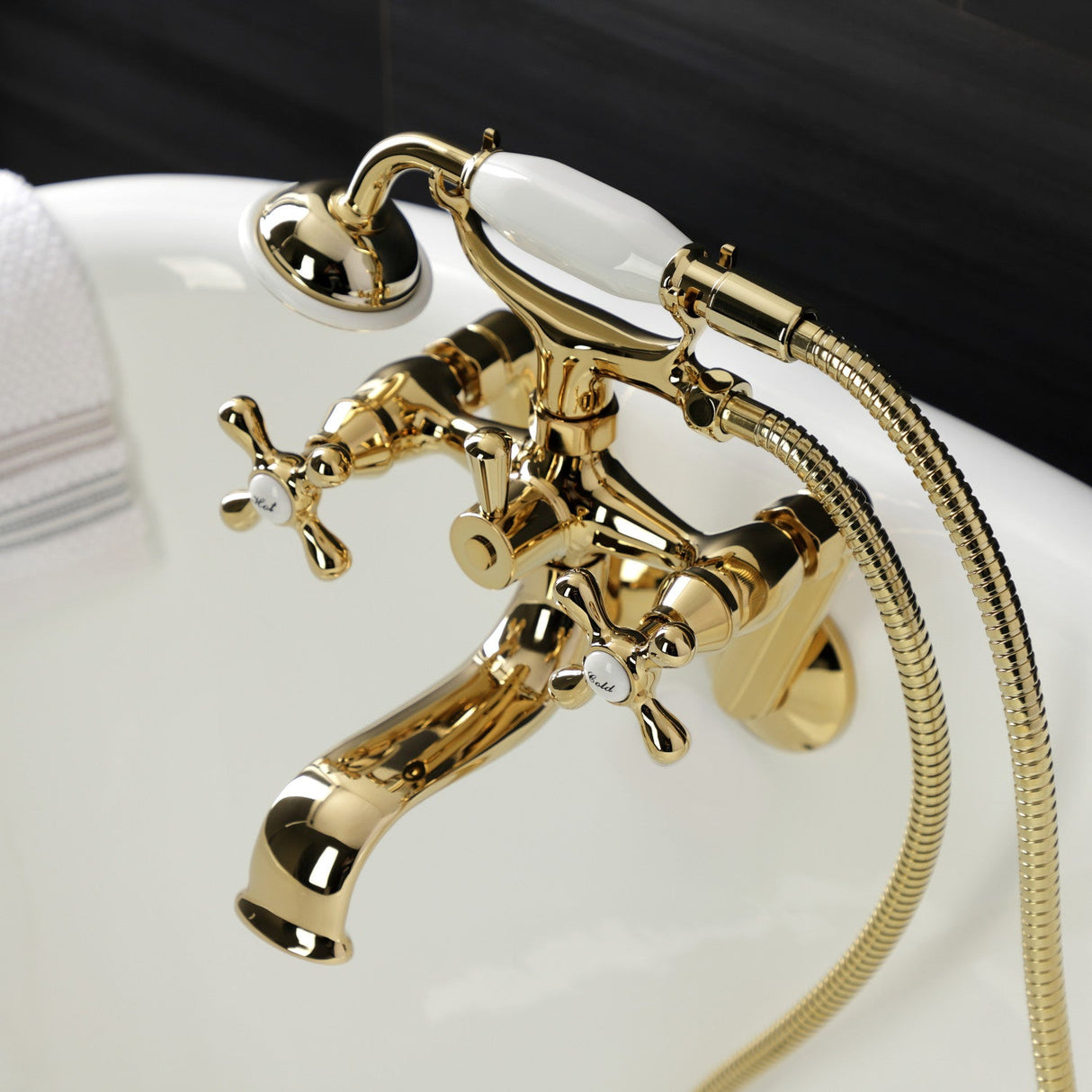 Kingston KS229PB Three-Handle 2-Hole Tub Wall Mount Clawfoot Tub Faucet with Handshower, Polished Brass