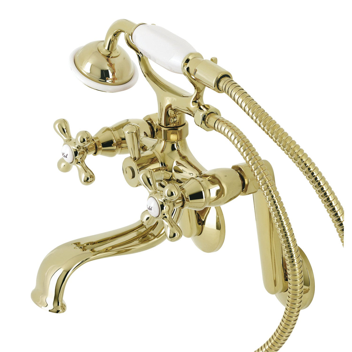 Kingston KS229PB Three-Handle 2-Hole Tub Wall Mount Clawfoot Tub Faucet with Handshower, Polished Brass