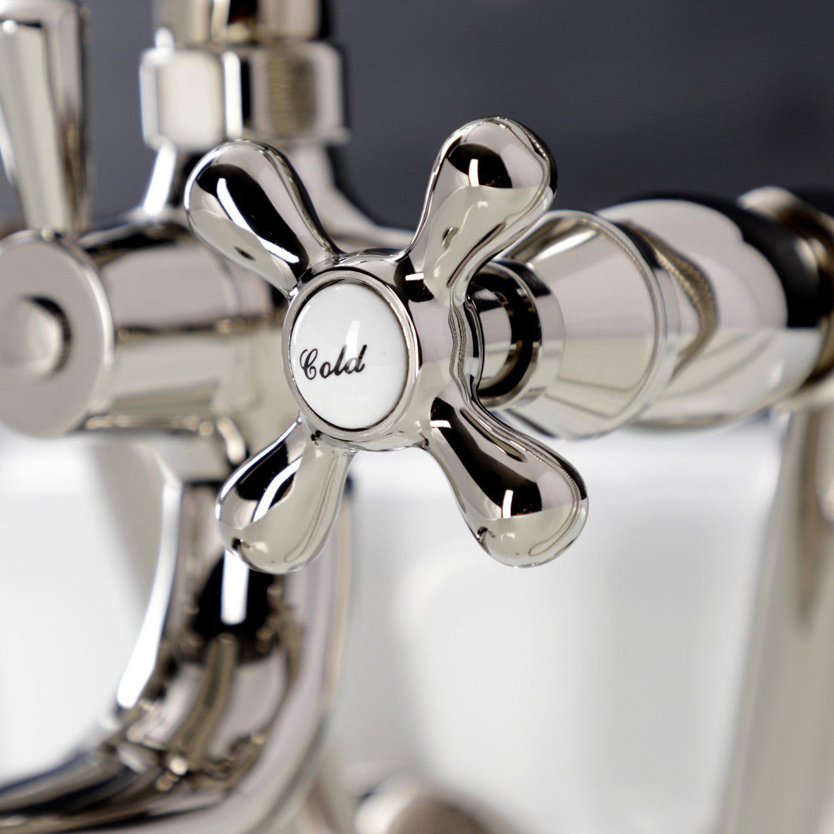 Kingston KS229PN Three-Handle 2-Hole Tub Wall Mount Clawfoot Tub Faucet with Handshower, Polished Nickel