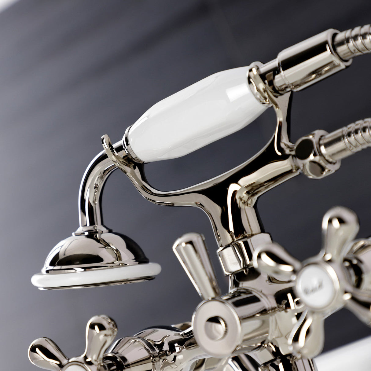 Kingston KS229PN Three-Handle 2-Hole Tub Wall Mount Clawfoot Tub Faucet with Handshower, Polished Nickel