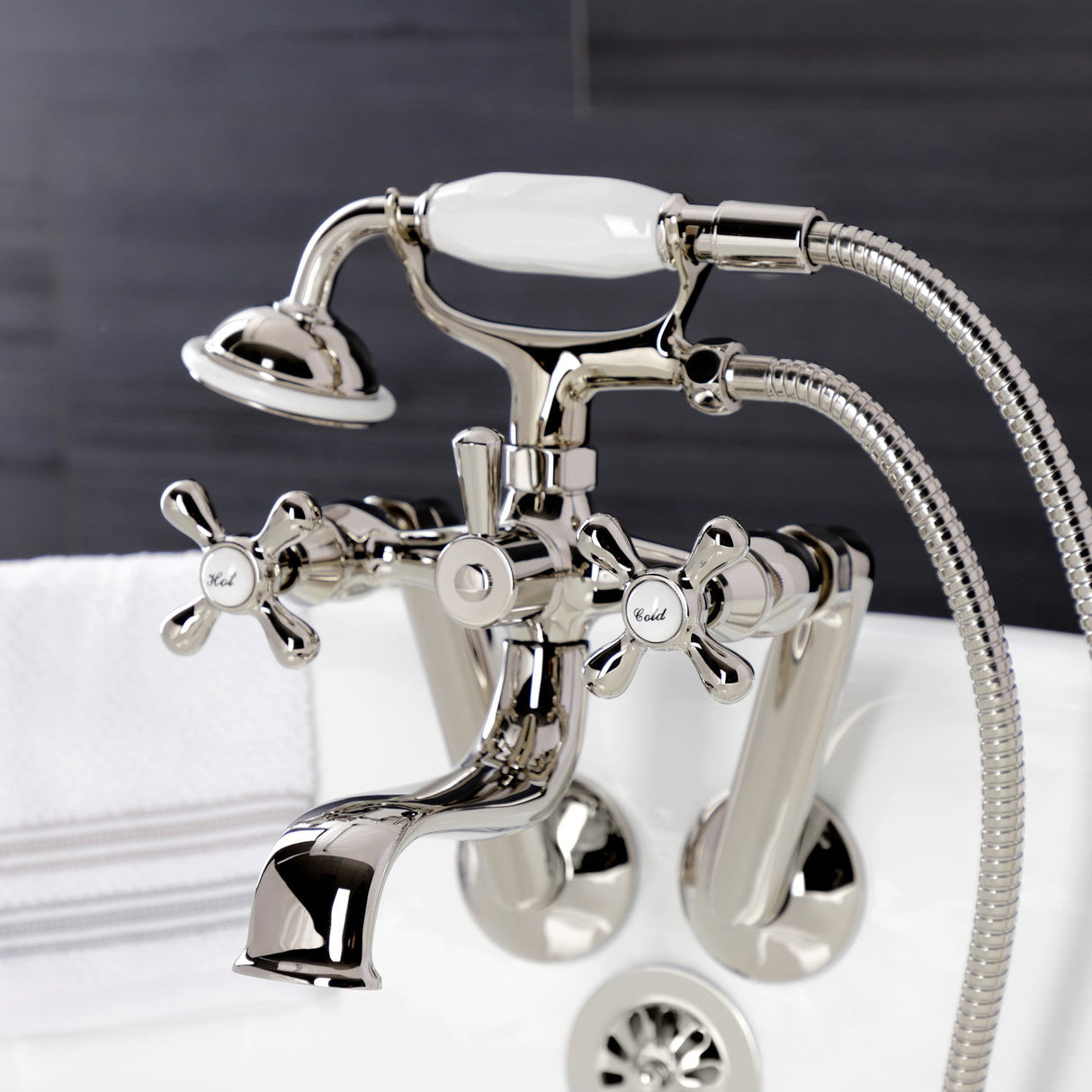 Kingston KS229PN Three-Handle 2-Hole Tub Wall Mount Clawfoot Tub Faucet with Handshower, Polished Nickel