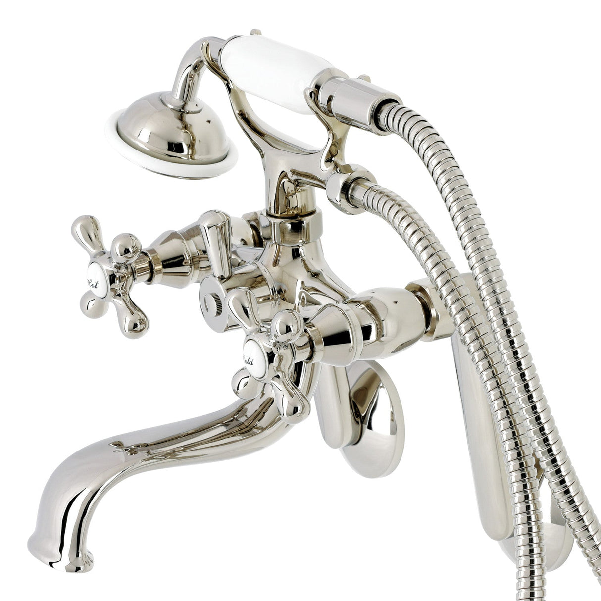 Kingston KS229PN Three-Handle 2-Hole Tub Wall Mount Clawfoot Tub Faucet with Handshower, Polished Nickel