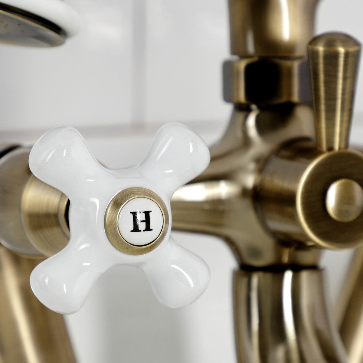 Kingston KS229PXAB Three-Handle 2-Hole Tub Wall Mount Clawfoot Tub Faucet with Hand Shower, Antique Brass