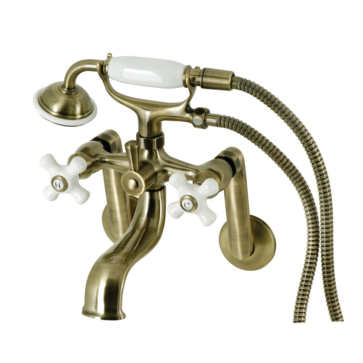 Kingston KS229PXAB Three-Handle 2-Hole Tub Wall Mount Clawfoot Tub Faucet with Hand Shower, Antique Brass