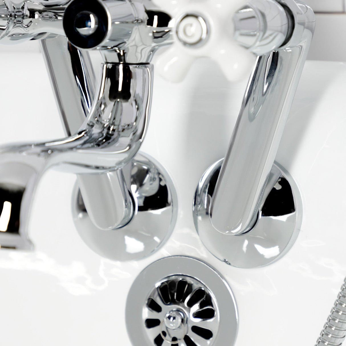 Kingston KS229PXC Three-Handle 2-Hole Tub Wall Mount Clawfoot Tub Faucet with Hand Shower, Polished Chrome