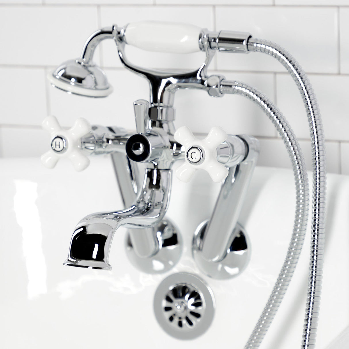 Kingston KS229PXC Three-Handle 2-Hole Tub Wall Mount Clawfoot Tub Faucet with Hand Shower, Polished Chrome