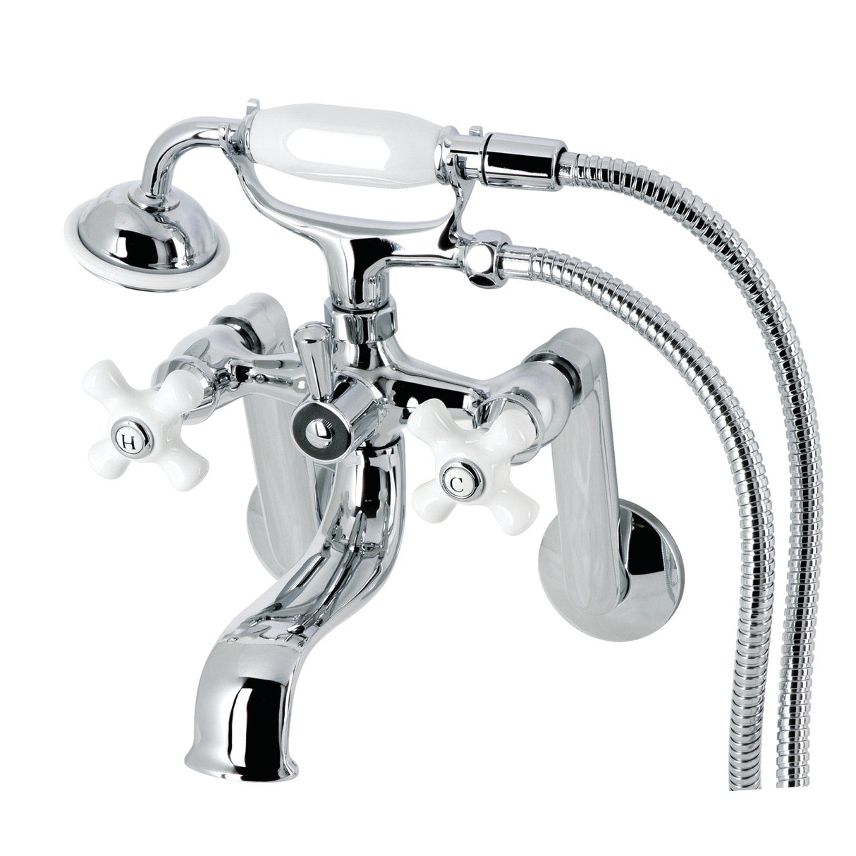 Kingston KS229PXC Three-Handle 2-Hole Tub Wall Mount Clawfoot Tub Faucet with Hand Shower, Polished Chrome