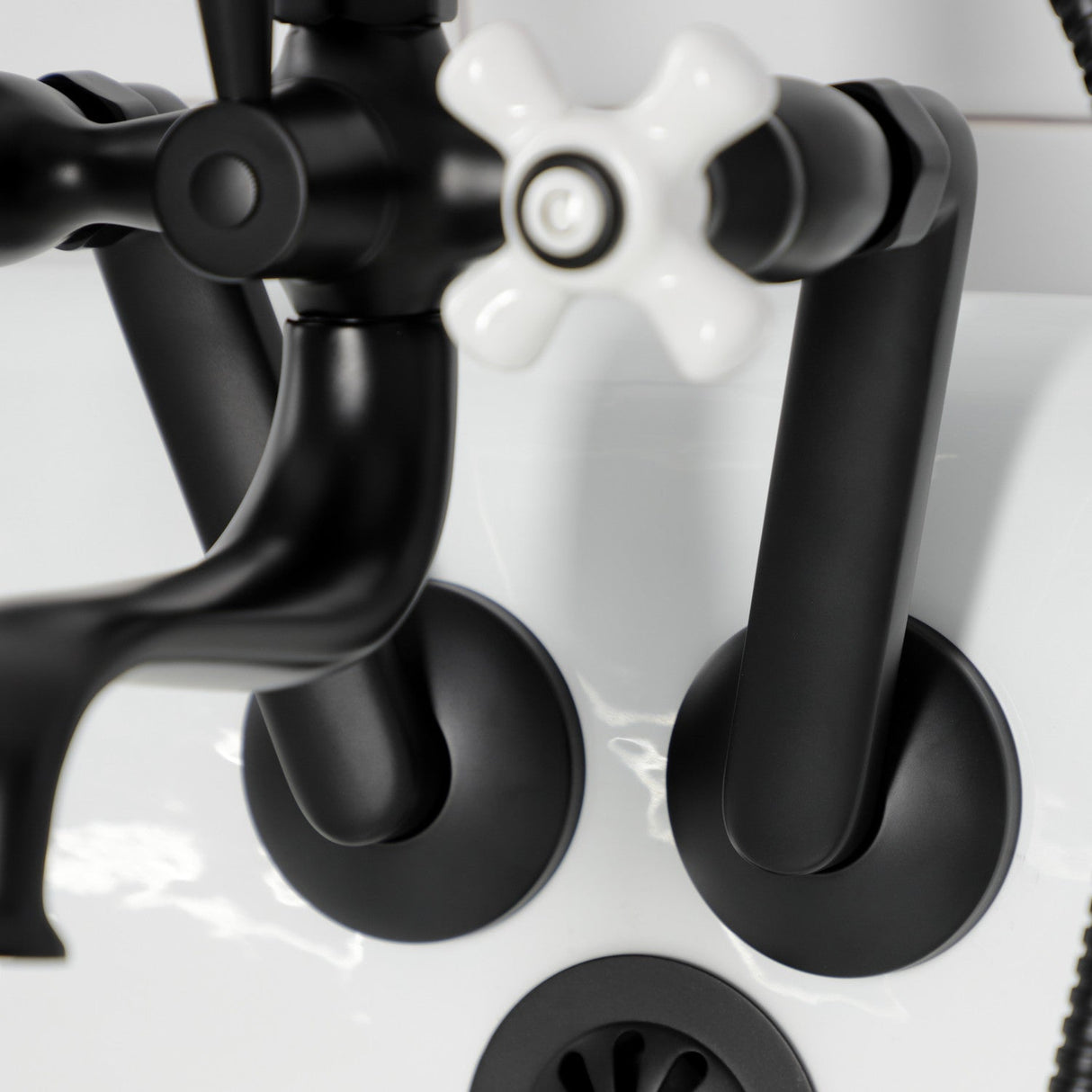 Kingston KS229PXMB Three-Handle 2-Hole Tub Wall Mount Clawfoot Tub Faucet with Hand Shower, Matte Black