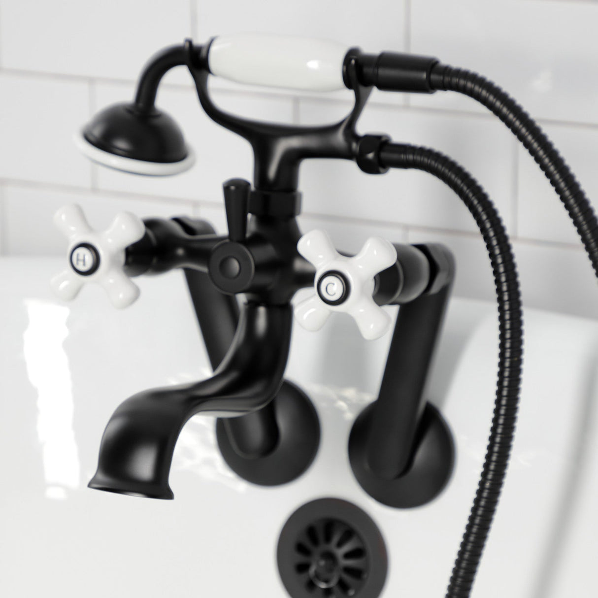 Kingston KS229PXMB Three-Handle 2-Hole Tub Wall Mount Clawfoot Tub Faucet with Hand Shower, Matte Black