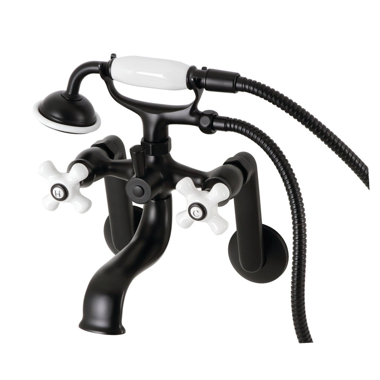 Kingston KS229PXMB Three-Handle 2-Hole Tub Wall Mount Clawfoot Tub Faucet with Hand Shower, Matte Black