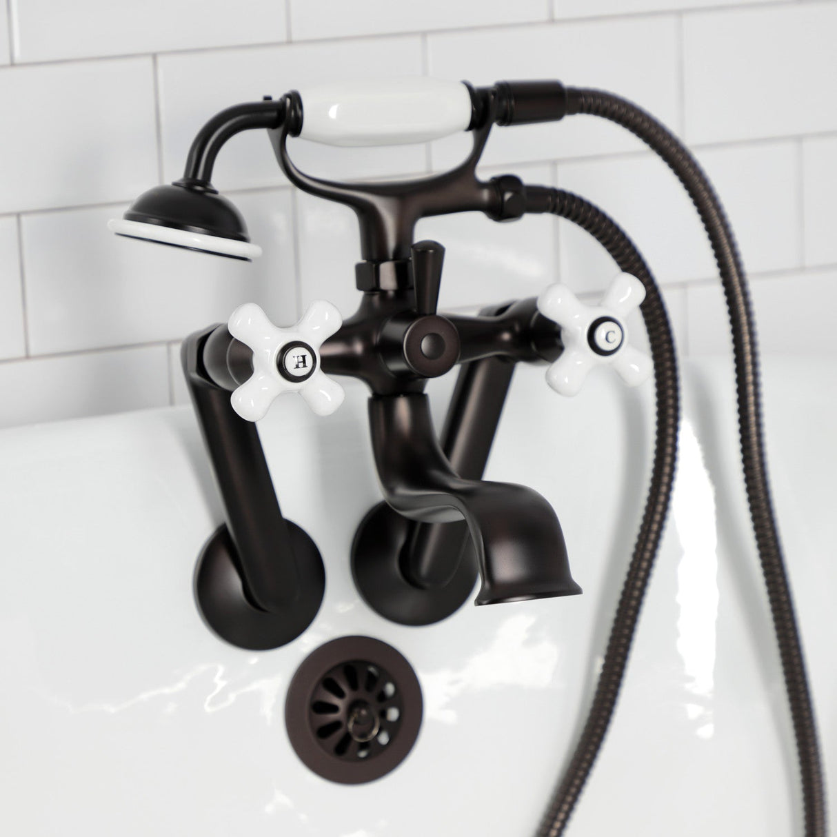 Kingston KS229PXORB Three-Handle 2-Hole Tub Wall Mount Clawfoot Tub Faucet with Hand Shower, Oil Rubbed Bronze