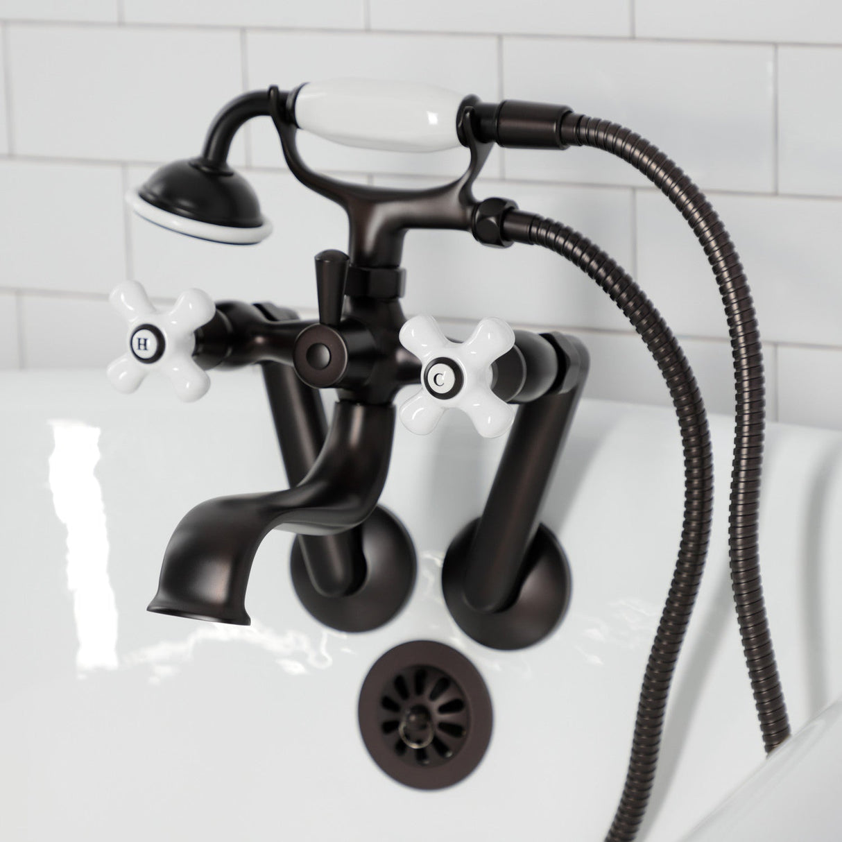 Kingston KS229PXORB Three-Handle 2-Hole Tub Wall Mount Clawfoot Tub Faucet with Hand Shower, Oil Rubbed Bronze