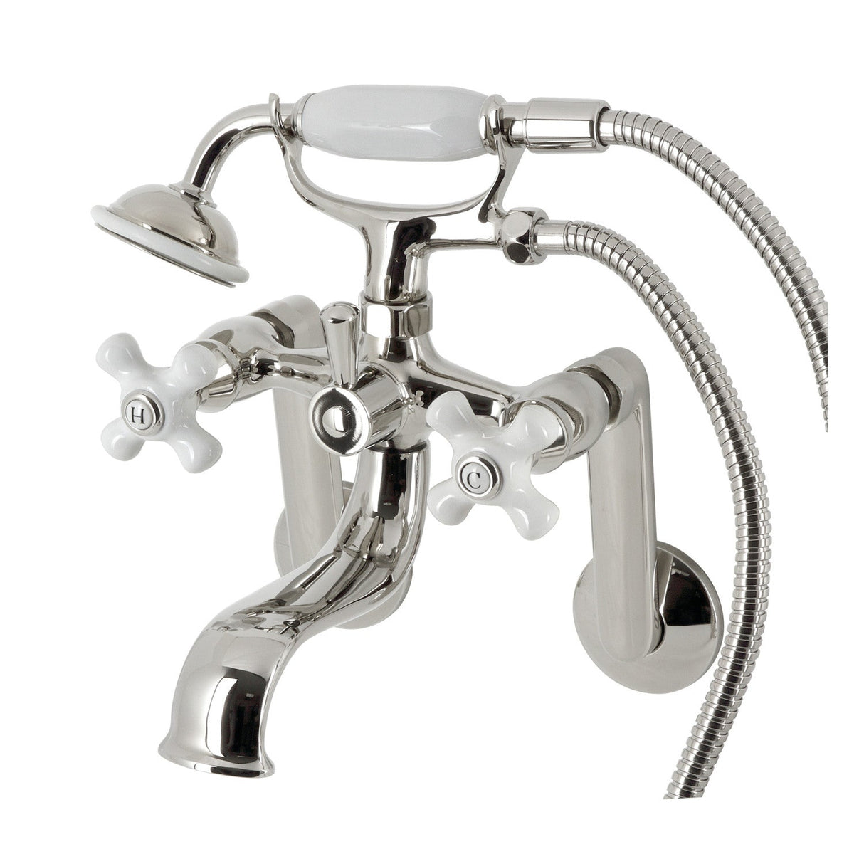 Kingston KS229PXPN Three-Handle 2-Hole Tub Wall Mount Clawfoot Tub Faucet with Hand Shower, Polished Nickel