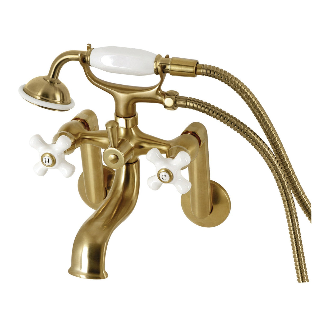 Kingston KS229PXSB Three-Handle 2-Hole Tub Wall Mount Clawfoot Tub Faucet with Hand Shower, Brushed Brass