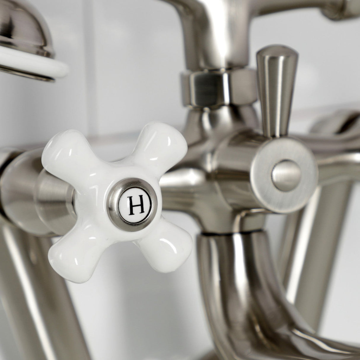 Kingston KS229PXSN Three-Handle 2-Hole Tub Wall Mount Clawfoot Tub Faucet with Hand Shower, Brushed Nickel