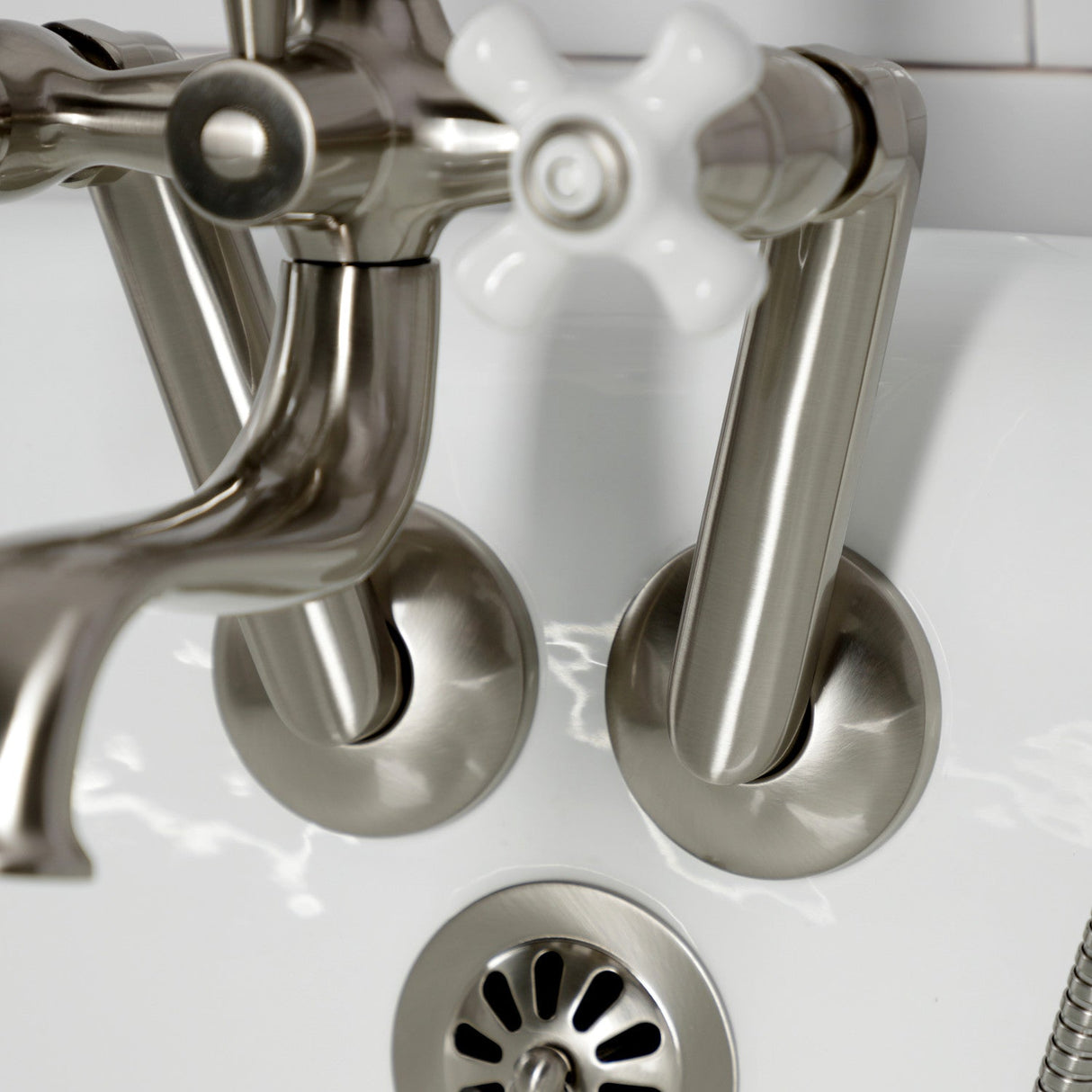 Kingston KS229PXSN Three-Handle 2-Hole Tub Wall Mount Clawfoot Tub Faucet with Hand Shower, Brushed Nickel