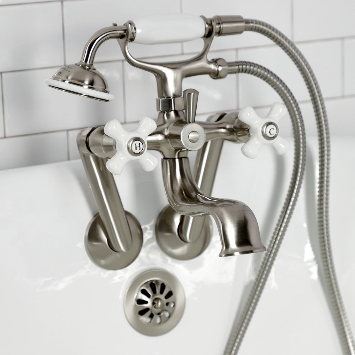 Kingston KS229PXSN Three-Handle 2-Hole Tub Wall Mount Clawfoot Tub Faucet with Hand Shower, Brushed Nickel