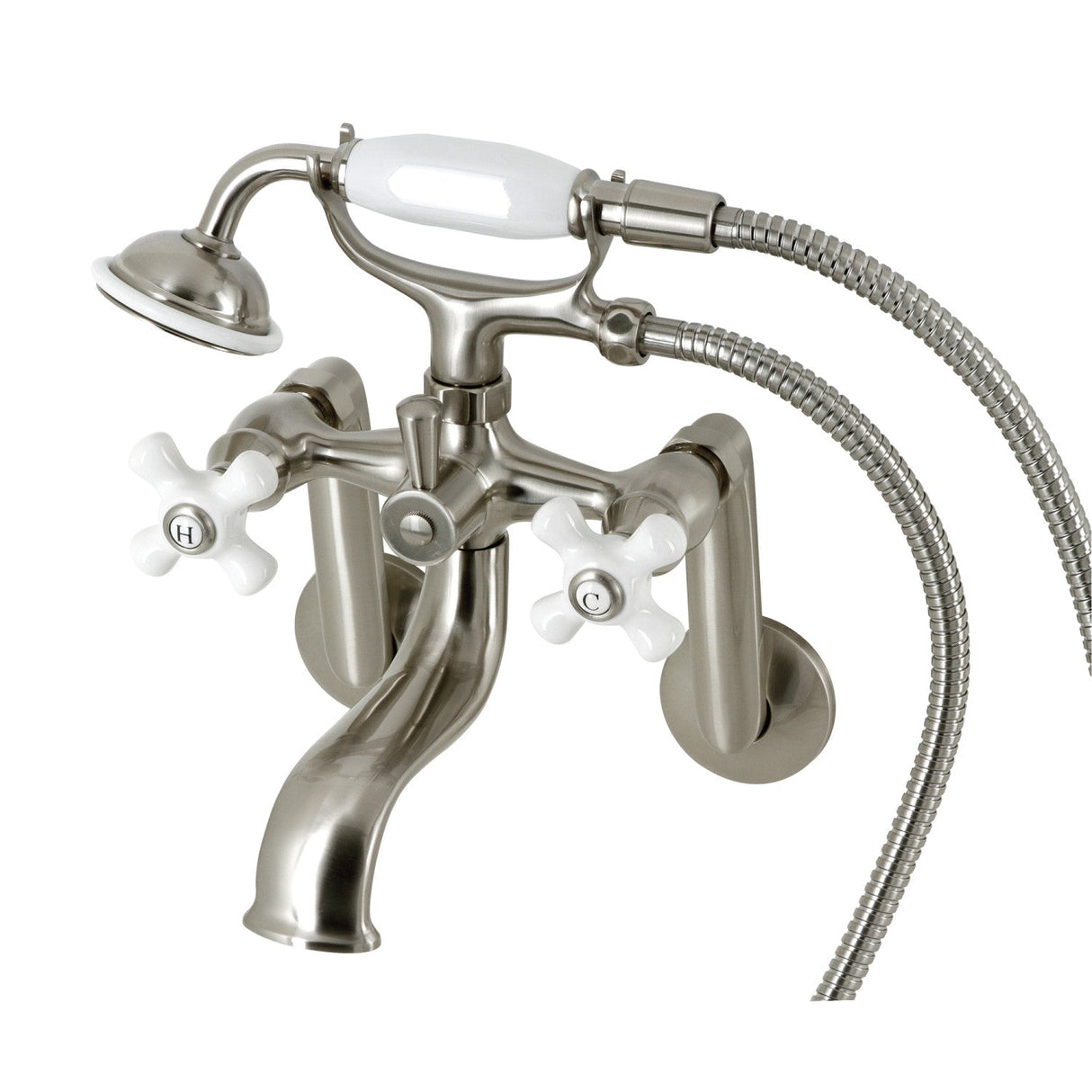Kingston KS229PXSN Three-Handle 2-Hole Tub Wall Mount Clawfoot Tub Faucet with Hand Shower, Brushed Nickel